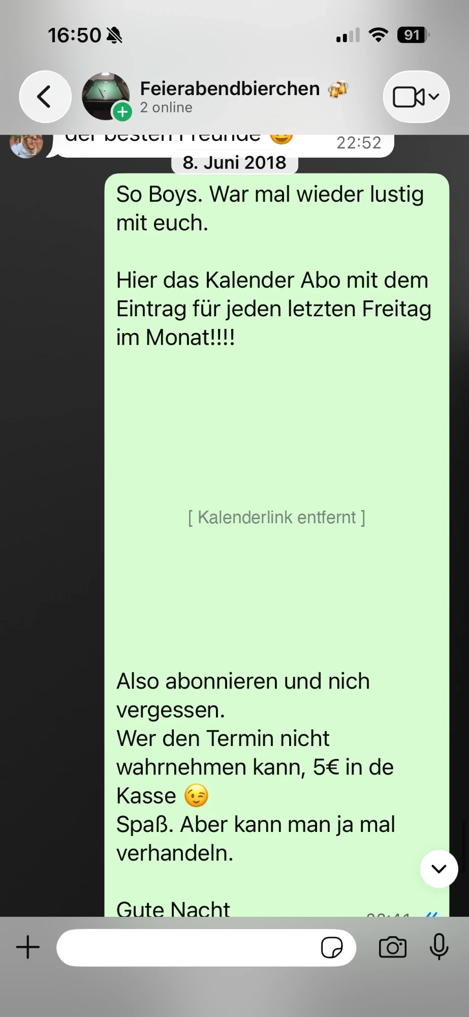 WhatsApp-Nachricht vom 8. Juni 2018 mit dem Kalender-Abo