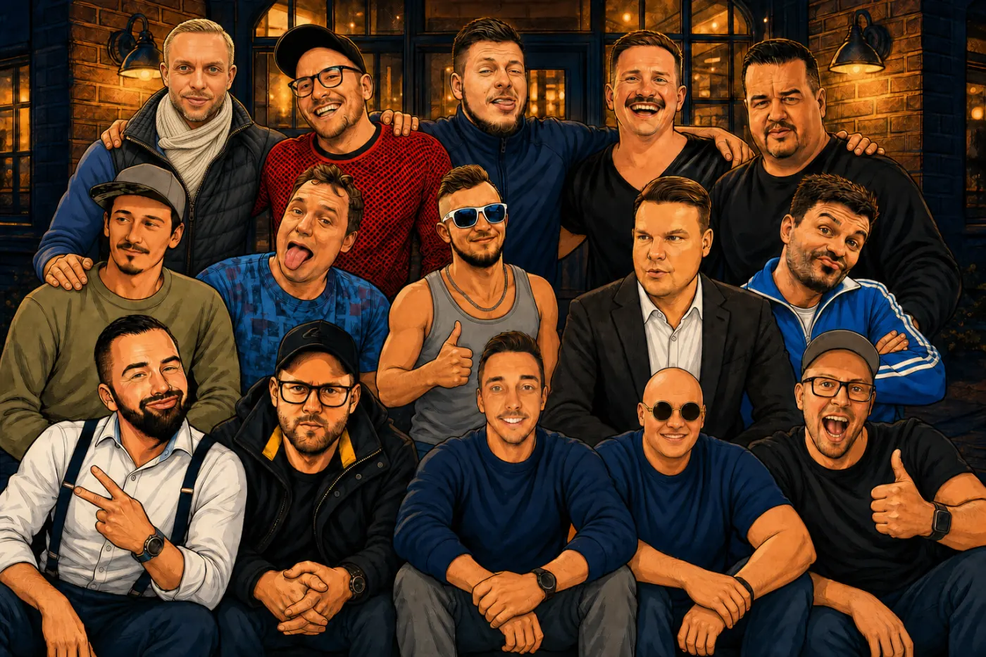 Illustration der Stammrunde: 15 Männer vor einem Restaurant am Abend